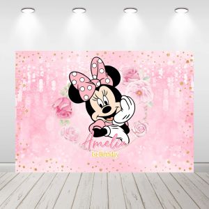 D&eacute;coration d'anniversaire pour fille, banni&egrave;re d'arri&egrave;re-plan rose Minnie Mouse, nom personnalis&eacute;,