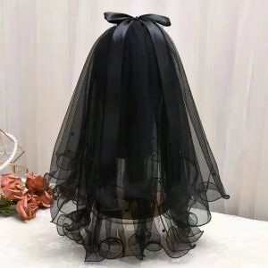 Voile de t&ecirc;te de mari&eacute;e noir Vintage Double couche de gaze maille dentelle voile femmes filles f&ecirc;te