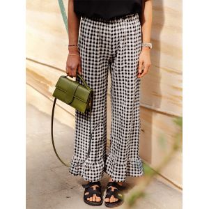 Pantalon imprim&eacute; &agrave; carreaux Y2k pour femmes, ourlet &agrave; volants vichy, ceinture &eacute;lastique, jambes