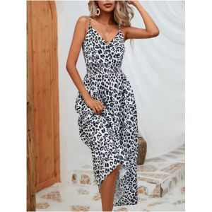 Robe &agrave; bretelles imprim&eacute; l&eacute;opard &agrave; col en V pour femmes, robes trap&egrave;ze, sexy, f&ecirc;te, vacances, &eacute;t&eacute;,