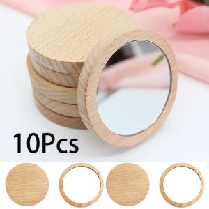 10 pi&egrave;ces Mini miroir de maquillage en bois Portable petit miroir rond &eacute;tudiant miroir de maquillage