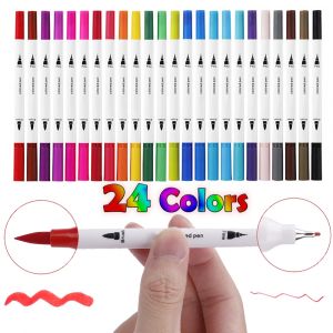 Marqueurs de stylo pinceau à double pointe 12/24 couleurs, marqueurs de croquis Manga, stylo
