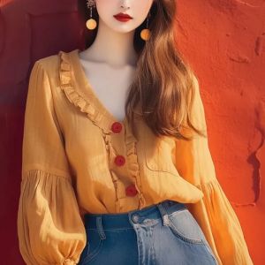Chemise Vintage en mousseline de soie pour femmes, vêtements coréens solides, amples, manches