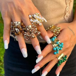 Bague vintage en pierre naturelle pour femme, pendentif multi-glands, anneau ouvert, coeur perl&eacute;