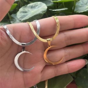 Collier pendentif croissant de lune incurv&eacute; en acier inoxydable, corne de b&oelig;uf, lame plate, cha&icirc;ne