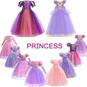 Robe princesse raiponce pour filles, Costume emm&ecirc;l&eacute; pour enfants, v&ecirc;tements fantaisie violets en