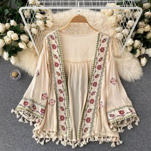 Chemise d'été pour femmes, Style bohème, vacances, pompon brodé, Cardigan en mousseline de soie,