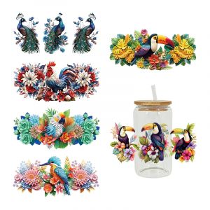 Autocollants de transfert UV DTF 3D, enveloppes de tasse de 16oz, fleur, oiseau, paon imprimé pour
