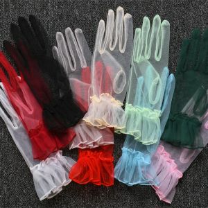 Gants courts en Tulle pour femmes, r&eacute;tro, blanc, noir, pour mariage, dentelle extensible, mitaines &agrave;