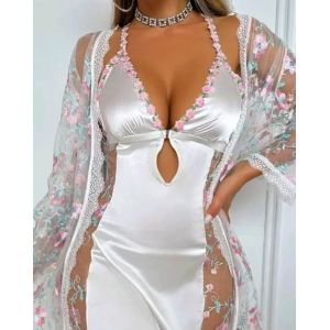Chemise de nuit femme Sexy broderie florale col en v licou dos nu coupe ajust&eacute;e chemise de nuit