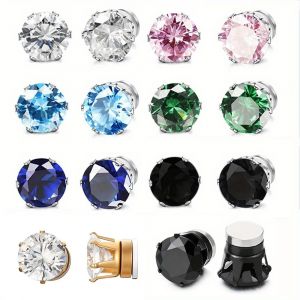 2pcs / double neutre magnétique boucles d'oreilles six griffes rond zircone cubique clips d'oreille