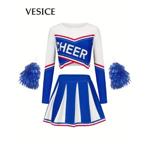 Ensemble jupe courte de pom-pom girl &agrave; manches longues pour filles, f&ecirc;te de vacances pour enfants,