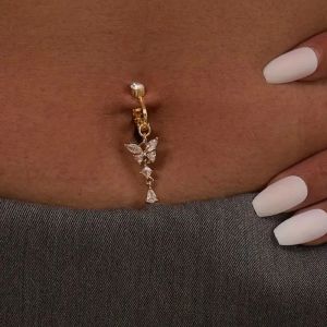Faux Piercing de ventre, feuilles de papillon pendantes, Long, Faux nombril, Clip sur nombril