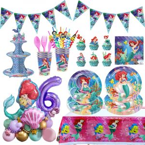 Décorations de fête d'anniversaire princesse sirène Ariel, vaisselle jetable, assiette, tasse en