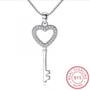 925 bijoux en argent Sterling CZ zircone cristal amour coeur cl&eacute; pendentif collier pour les femmes