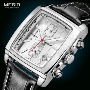 Megir cadran rectangulaire bracelet en cuir Montre pour hommes décontracté bleu chronographe montres