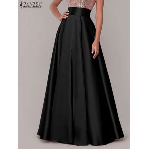 ZANZEA bohème femmes Satin soie jupes longues coton solide élégant robe d'été ample Femme taille