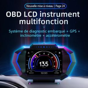 Affichage t&ecirc;te haute OBD + GPS HUD P24 pour voiture, compteur de vitesse num&eacute;rique, temp&eacute;rature de