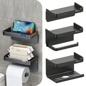 Support de rangement mural pour papier toilette, bo&icirc;te &agrave; mouchoirs adh&eacute;sive sans poin&ccedil;on, support