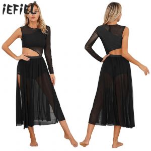 Robe de danse lyrique pour femmes, maille d&eacute;coup&eacute;e, Patchwork, danse latine moderne, danse