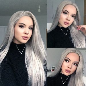 Perruque synthétique longue et lisse gris argenté, perruque naturelle résistante à la chaleur, tenue