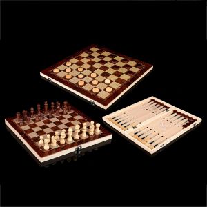 &Eacute;chiquier 3 en 1, plateau de jeu d'&eacute;checs portable en bois pliant, &eacute;chiquier en bois pour adultes