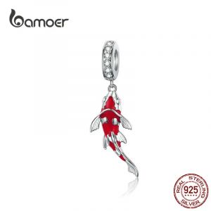 Bamoer 925 argent Sterling émail rouge poisson pendentif chanceux Koi balancent breloque ajustement