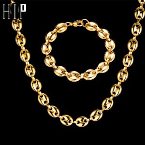 HIP Hop largeur 11MM 1 ensemble collier de chaîne de grains de café en acier inoxydable plaqué or