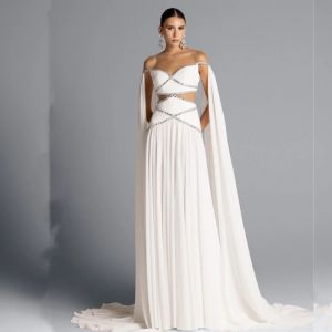 Robe trapèze plissée en mousseline de soie personnalisée, robes longues à épaules dénudées, robes