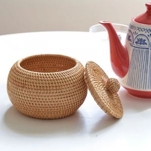 Panier de rangement en osier avec couvercle, panier à fruits rond en rotin naturel léger tissé à la