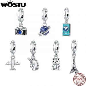 WOSTU-Breloque en argent regardé 925 pour appareil photo de voyage, pendentif ours, tour Eiffel,