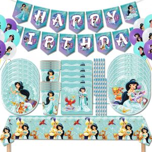 Bannière de fête d'anniversaire pour filles, thème princesse Jasmine Disney, vaisselle en papier,