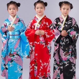 Peignoir Kimono japonais pour enfants asiatiques, robe Yukata paon de Style japonais Obi Vintage