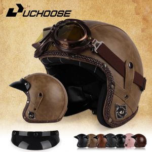 UCHOOSE casque de Moto rétro en cuir PU visage ouvert 3/4 Chopper casques de vélo classique Casco