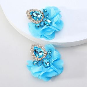 Mode romantique coton dentelle fleur brillant cristal grandes boucles d'oreilles marque de luxe f&eacute;e