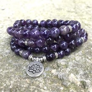 8mm perles naturelles améthystes 108 Mala Bracelet ou collier OM Lotus charme Yoga Bracelet bijoux