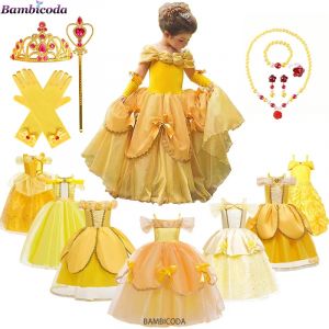 Robe de princesse Belle Cosplay pour filles, vêtements de fête pour la Belle et la bête, couronne de