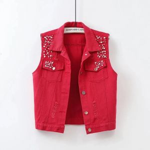 Veste en jean color&eacute;e gilet femmes printemps &eacute;t&eacute; nouveau trou mince perl&eacute; sans manches manteau femme