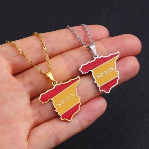 Colliers avec pendentif carte d'espagne en acier inoxydable pour femmes et filles, couleur