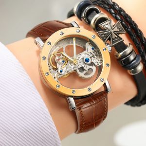 Montre automatique en cuir pour hommes, marque de luxe, squelette en acier, Tourbillon, mécanique,