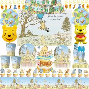 Décorations de fête d'anniversaire Disney Winnie l'ourson, ensemble de vaisselle, nappe ballon pour