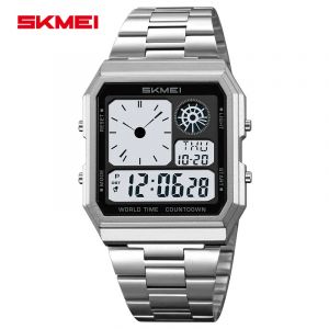 SKMEI étanche Sport de plein air bande d'acier inoxydable montres heure mondiale montre électronique