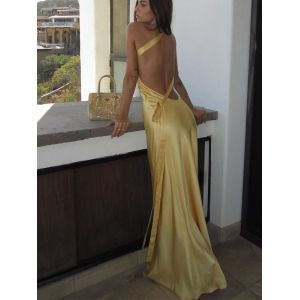 Robe longue en Satin jaune, dos nu, à lacets, élégante, épaules dénudées, sans bretelles, tenue de