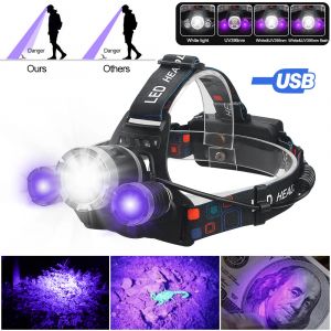 Lampe frontale étanche UV et lumière blanche UV395nm, violette, 4 Modes d'alimentation par 2