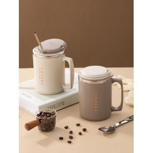 WORTHBUY Tasse &agrave; caf&eacute; isol&eacute;e en acier inoxydable 480 avec couvercle, cuill&egrave;re et paille, tasse &agrave;