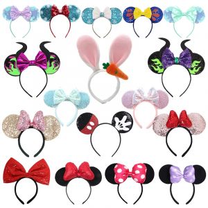Bandeau oreilles de souris Disney, n&oelig;uds Minnie, paillettes, Festival, Halloween, accessoires de