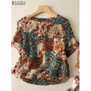 ZANZEA &eacute;t&eacute; Vintage &agrave; manches courtes Blouse femmes boh&egrave;me hauts tunique r&eacute;tro f&ecirc;te Blusas Chemise