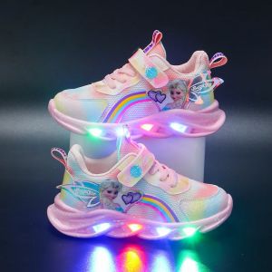 Disney-Baskets décontractées avec lumières LED pour filles, maille respirante, princesse Elsa, rose,