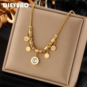 DIEYURO 316L acier inoxydable rond chiffre romain Zircon pendentif collier pour femmes Vintage