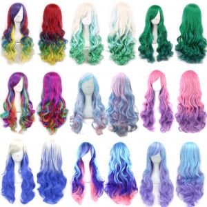 Soowee cheveux synthétiques Ombre arc-en-ciel Cosplay perruque avec frange rouge jaune violet vert